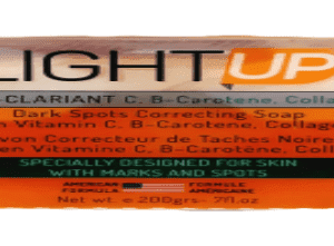 Packaging of Light Up Dark Spots Correcting Soap 200g/7fl.oz with vitamin c, b-carotene, and collagen, labeled for skin marks and spots correction.