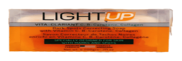 Packaging of Light Up Dark Spots Correcting Soap 200g/7fl.oz with vitamin c, b-carotene, and collagen, labeled for skin marks and spots correction.