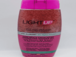 A bottle of Light Up Dark Spots Exfoliating Correcting Shower Gel 400ml/13.5fl.oz with a pink cap on a plain background.