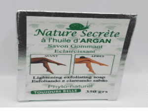 A package of Nature Secrete Argan Lightening Moisturizing Body Soap 350g, displaying before and after skin images, with french text, weighing 350 grams.