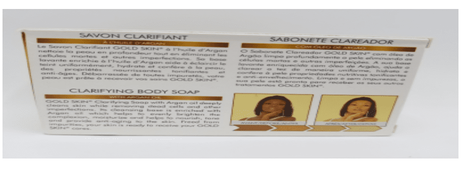 Box of Gold Skin Clarifying Body Soap with Argan Oil - 180g/6.08oz featuring descriptions in french and english, with images of a woman before and after using the product.