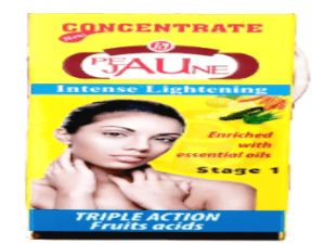 A box of "Peau Jaune Concentrate Intense Lightening Triple Action 60ml Stage 1" skin care product featuring a woman touching her face, highlighted with text about its ingredients and benefits.