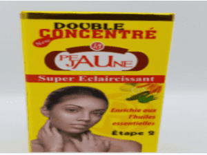 Box of "Peau Jaune Double Concentrate Super Lightening Triple Action 60ml (Stage 2)" skin lightening cream featuring a woman's portrait, text, and a logo.