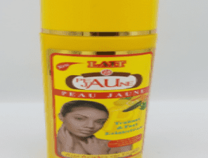 A container of Peau Jaune Lait Traitant & Fort Eclaircissant 300ml skin lightening cream with branding and a picture of a woman on the label.