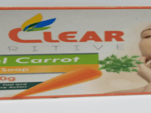 Box of Top Clear Nutritive Special Carrot Super Lightening Soap 200g with an image of a woman touching her face and a carrot graphic, indicating the product's ingredients and benefits.