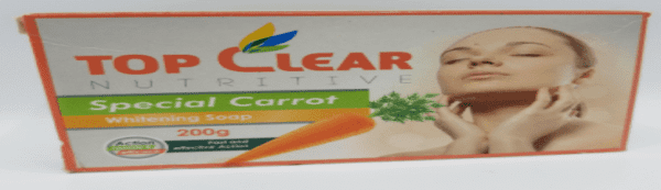 Box of Top Clear Nutritive Special Carrot Super Lightening Soap 200g with an image of a woman touching her face and a carrot graphic, indicating the product's ingredients and benefits.