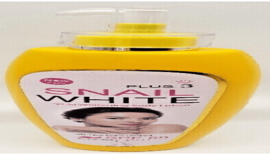 A yellow bottle of SNAIL WHITE Plus ³ Gluta Whitening Body Lotion with a pump dispenser, featuring a label with an image of a woman's face.