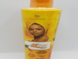 A bottle of B Light Extra Fort Carrot Super Lightening Body Milk - 500ml, featuring a photo of a woman with a headwrap, standing in front of a yellow background.