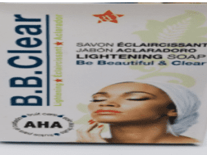 A box of B.B Clear Lightening Soap - 190g featuring a woman with a head wrap on the packaging, highlighting aha and natural ingredients.