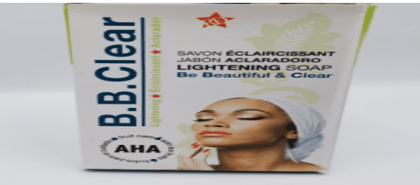 A box of B.B Clear Lightening Soap - 190g featuring a woman with a head wrap on the packaging, highlighting aha and natural ingredients.