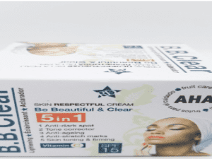 Box of B.B. Clear Lightening Care Cream - 120ml with information on benefits such as anti-dark spot and anti-aging, showcasing spf 15, placed on a white background.