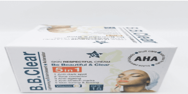 Box of B.B. Clear Lightening Care Cream - 120ml with information on benefits such as anti-dark spot and anti-aging, showcasing spf 15, placed on a white background.