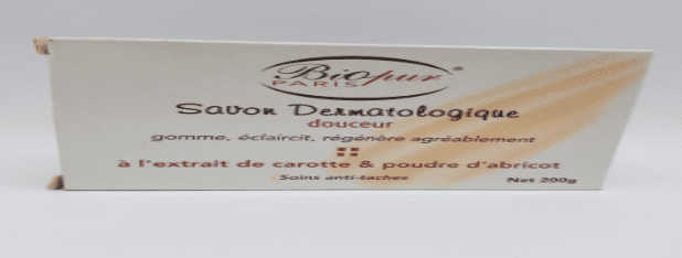 A box of Biopur Paris Gentle Dermatological Soap Savon Dermatologique Douceur with carrot extract and apricot powder, labeled in French.