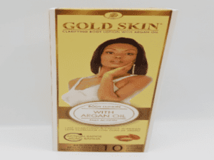 Box of Gold Skin Clarifying Body Lotion with Argan Oil - 450ml/15.21fl.oz featuring an image of a woman on the packaging.