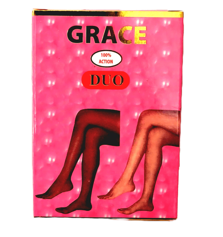 Packaging of Duo Grace Serum & Lotion - Dark Spot Remover featuring images of two pairs of women's legs, one pair in light beige and the other in black tights against a pink, textured background, illustrating the skin.