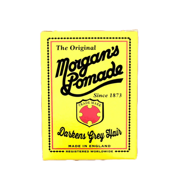 Vintage label for "Morgan's Pomade Darkens Grey Hair 100g/3.53oz" on a yellow background, stating "grey hair darkening pomade" and "made in England", with a red apple graphic.