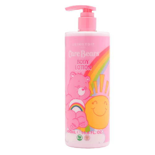 A pink bottle of body lotion with cartoon images.