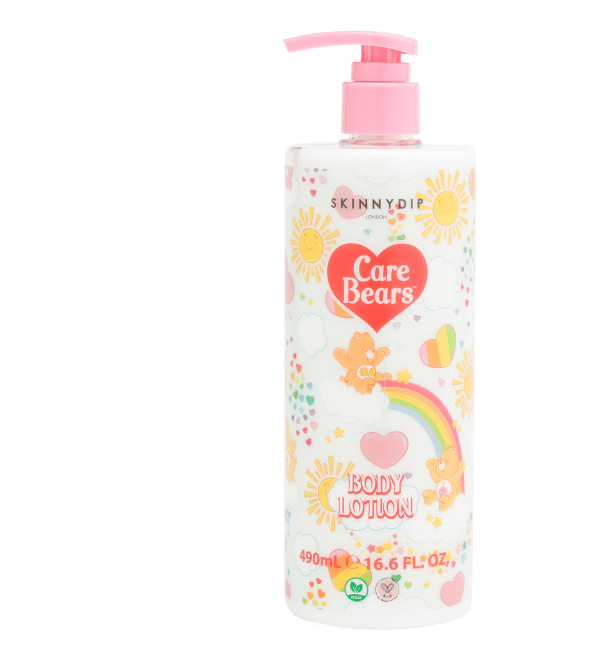 A bottle of body lotion with cartoon designs.